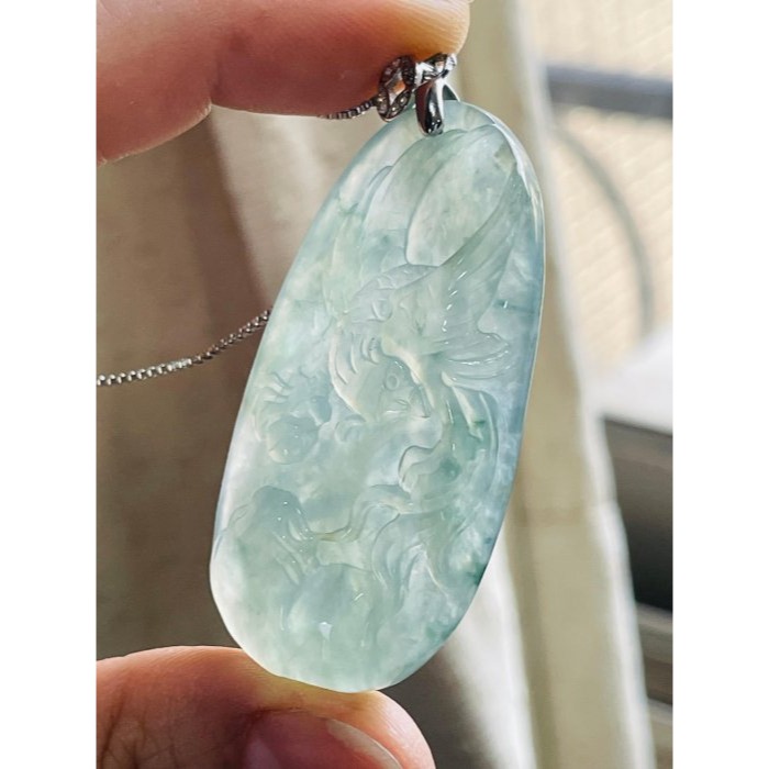 天然A貨翡翠 老坑冰飄花手工雙面雕抓住機遇翡翠鳳牌 起光晶透勻稱滿綠底色 滿滿靈動小藍花點綴其中-細節圖5