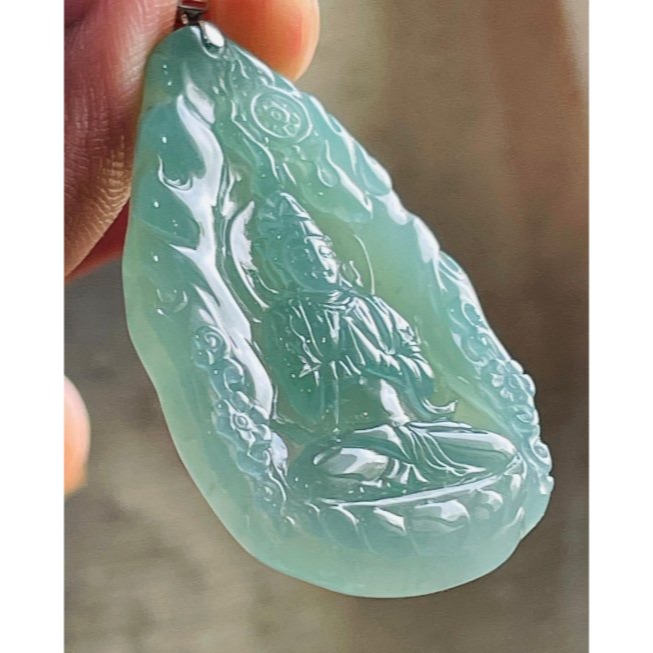 天然A貨緬甸玉 木拿 冰種薄荷綠坐蓮合掌觀音翡翠118K玉墜 木那放光勻稱滿綠色 完美一刀切 附台証-細節圖3