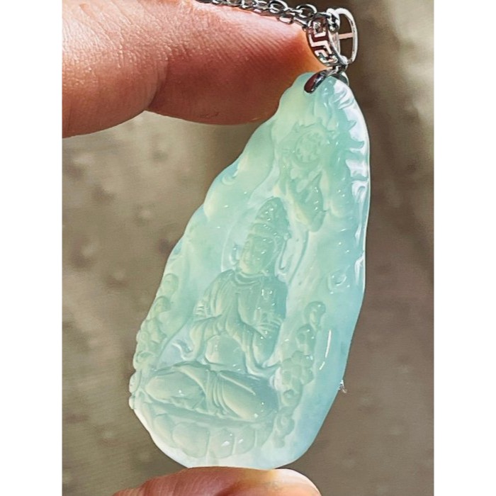天然A貨緬甸玉 木拿 冰種薄荷綠坐蓮合掌觀音翡翠118K玉墜 木那放光勻稱滿綠色 完美一刀切 附台証-細節圖4