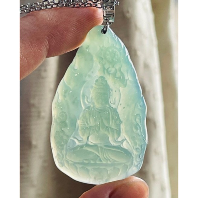 天然A貨緬甸玉 木拿 冰種薄荷綠坐蓮合掌觀音翡翠118K玉墜 木那放光勻稱滿綠色 完美一刀切 附台証-細節圖7
