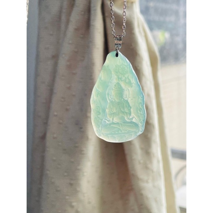 天然A貨緬甸玉 木拿 冰種薄荷綠坐蓮合掌觀音翡翠118K玉墜 木那放光勻稱滿綠色 完美一刀切 附台証-細節圖8