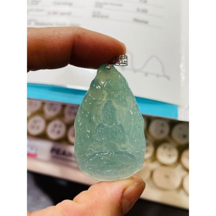 天然A貨緬甸玉 木拿 冰種薄荷綠坐蓮合掌觀音翡翠118K玉墜 木那放光勻稱滿綠色 完美一刀切 附台証-細節圖9