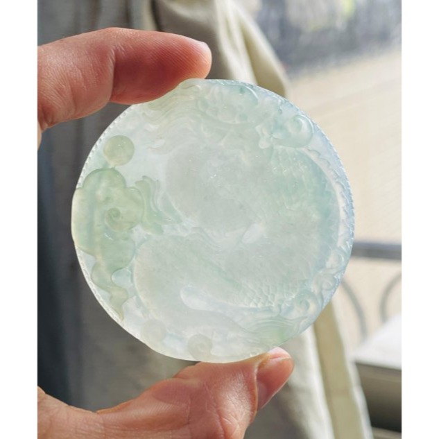 天然A貨緬甸玉 冰種飄花俏雕神龍現世翡翠龍牌 起光冰晴底色 綠俏祥雲.龍珠 高貨鐲心料 附台証-細節圖8