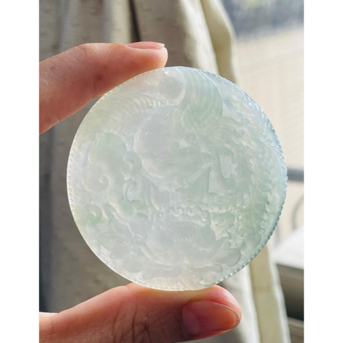 天然A貨緬甸玉 冰種飄花鳳穿牡丹翡翠鳳牌 起光感透字影底庄 綠絲碎花點綴 高貨鐲心料 附台証-細節圖3