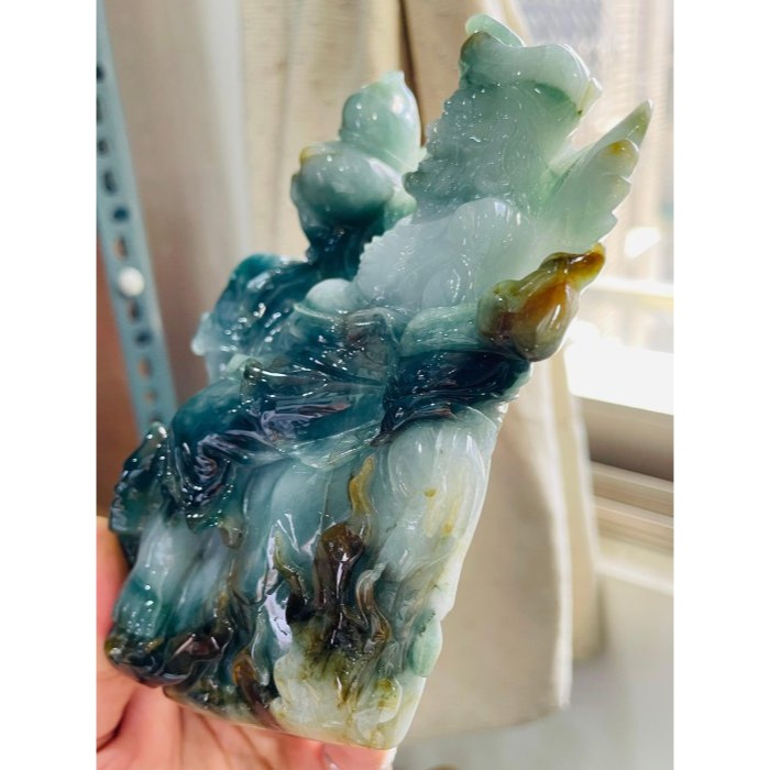 天然A貨緬甸玉 老三彩精細手雕工濟公活佛翡翠大擺件 芙蓉底庄 滿滿膠潤藍水飄花 精開唯妙唯肖法像-細節圖3