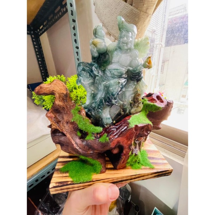 天然A貨緬甸玉 老三彩精細手雕工濟公活佛翡翠大擺件 芙蓉底庄 滿滿膠潤藍水飄花 精開唯妙唯肖法像-細節圖7