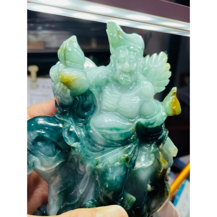 天然A貨緬甸玉 老三彩精細手雕工濟公活佛翡翠大擺件 芙蓉底庄 滿滿膠潤藍水飄花 精開唯妙唯肖法像-細節圖8
