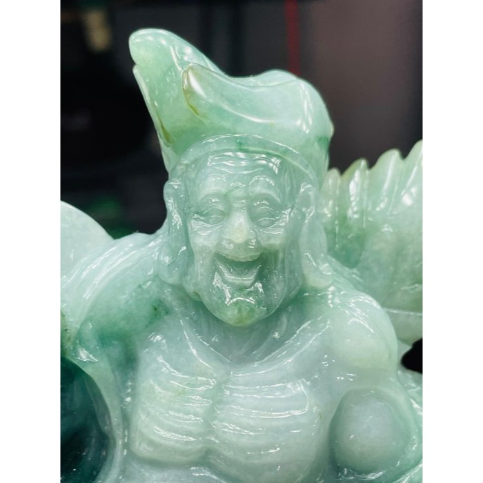 天然A貨緬甸玉 老三彩精細手雕工濟公活佛翡翠大擺件 芙蓉底庄 滿滿膠潤藍水飄花 精開唯妙唯肖法像-細節圖9