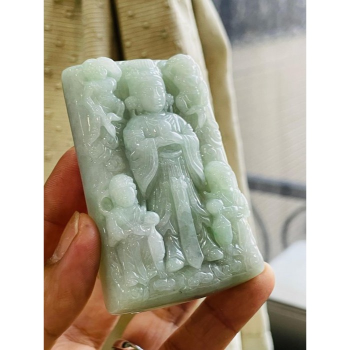 天然A貨緬甸玉 水潤烏雞綠天上聖母/千順媽祖翡翠佛牌 膠潤果綠滿底色 微帶芝麻點 大牌形請留意-細節圖3