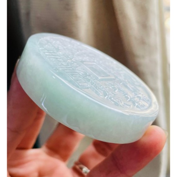 天然A貨緬甸玉 冰潤藍綠太上老君急急如律令翡翠大八卦玉牌 透手影膠潤底庄 雙面雕 厚庄大塊請留意尺寸-細節圖5