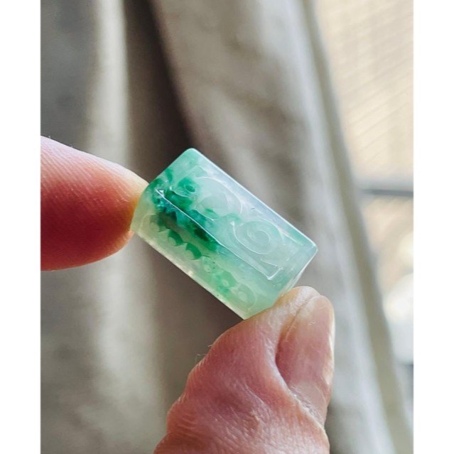 天然A貨緬甸玉 冰飄花回紋雕仿古龍翡翠頂珠玉墜 冰起光感潤 冰辣綠花 方塊小龍珠-細節圖4