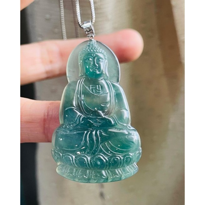 天然A貨翡翠 冰玻危綠精雕大日如來翡翠18K金佛墜 滿綠透字玻璃種瓜料 精開莊嚴慈悲法像-細節圖2