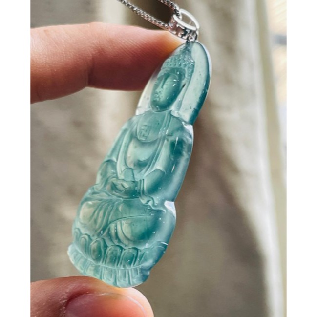 天然A貨翡翠 冰玻危綠精雕大日如來翡翠18K金佛墜 滿綠透字玻璃種瓜料 精開莊嚴慈悲法像-細節圖4
