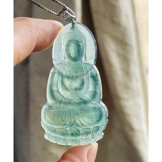 天然A貨翡翠 冰玻危綠精雕大日如來翡翠18K金佛墜 滿綠透字玻璃種瓜料 精開莊嚴慈悲法像-細節圖7