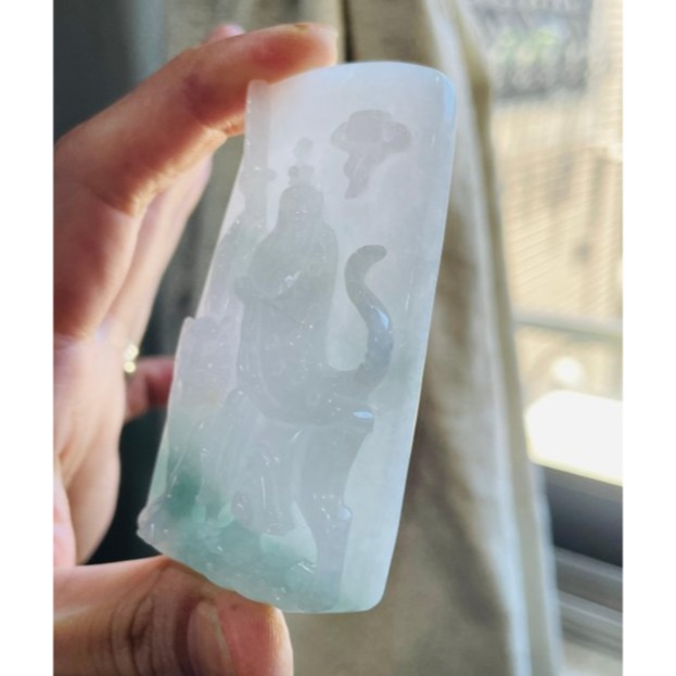 天然A貨緬甸玉 冰潤半山水精工雕正一真人張天師翡翠玉牌 粉嫩透粉帶藍綠 精開法像 方正厚實牌形-細節圖3