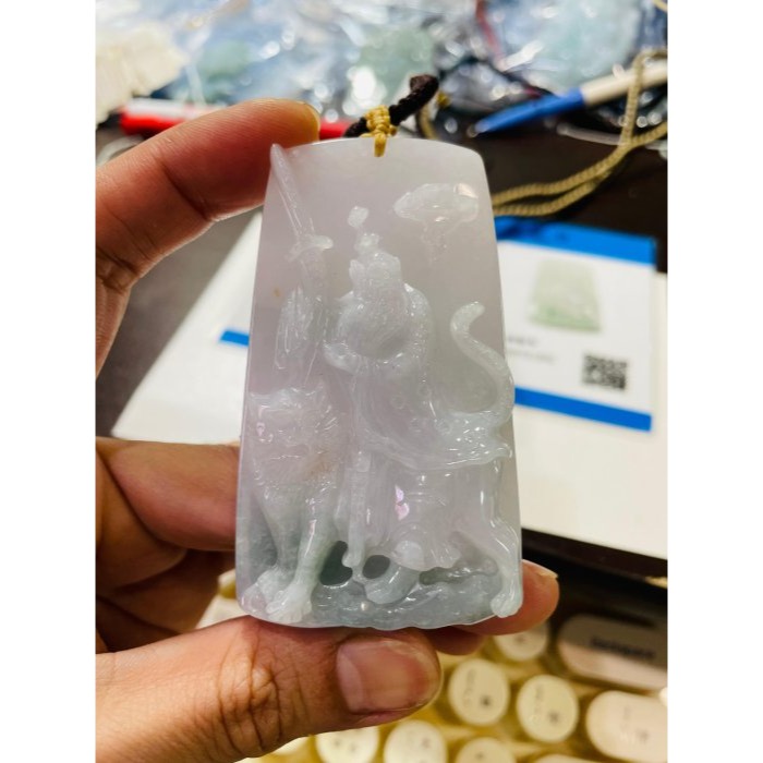 天然A貨緬甸玉 冰潤半山水精工雕正一真人張天師翡翠玉牌 粉嫩透粉帶藍綠 精開法像 方正厚實牌形-細節圖10