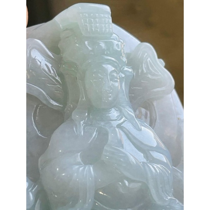 天然A貨緬甸玉 膠潤藍綠精工雕天上聖母/千順媽祖翡翠佛牌 細膩膠潤底庄 厚庄透手影大牌形 法像精開 宮女隨伺 千順護航-細節圖2