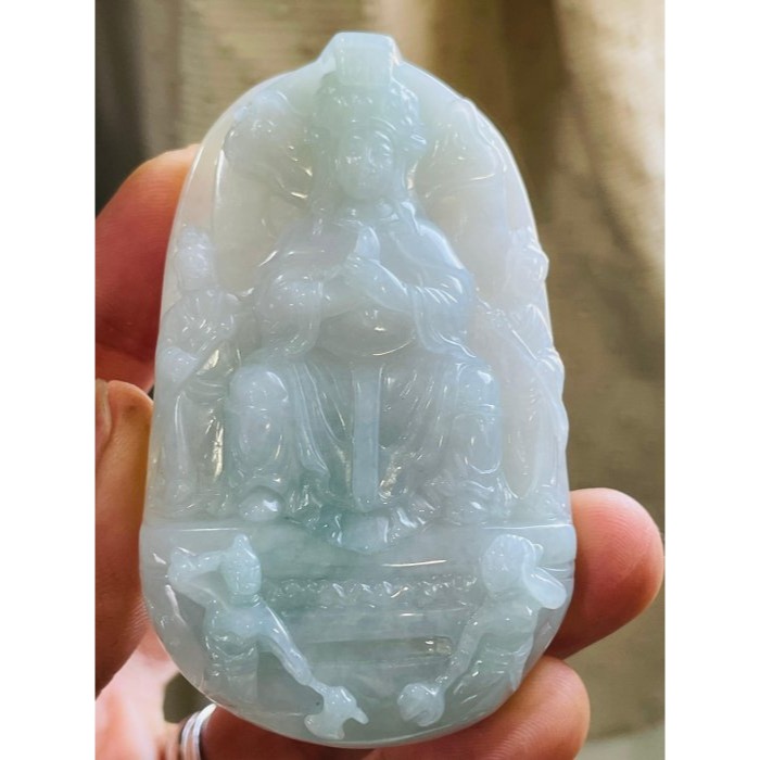 天然A貨緬甸玉 膠潤藍綠精工雕天上聖母/千順媽祖翡翠佛牌 細膩膠潤底庄 厚庄透手影大牌形 法像精開 宮女隨伺 千順護航-細節圖3