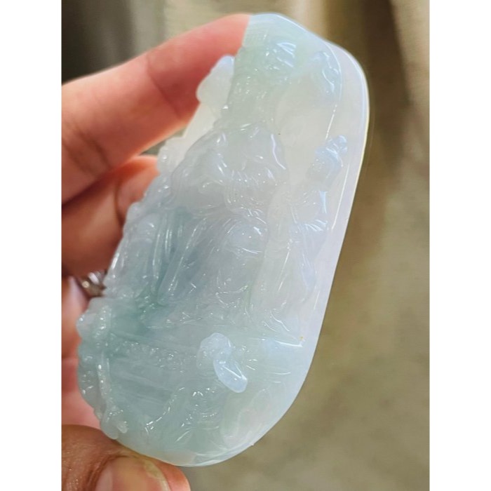 天然A貨緬甸玉 膠潤藍綠精工雕天上聖母/千順媽祖翡翠佛牌 細膩膠潤底庄 厚庄透手影大牌形 法像精開 宮女隨伺 千順護航-細節圖5