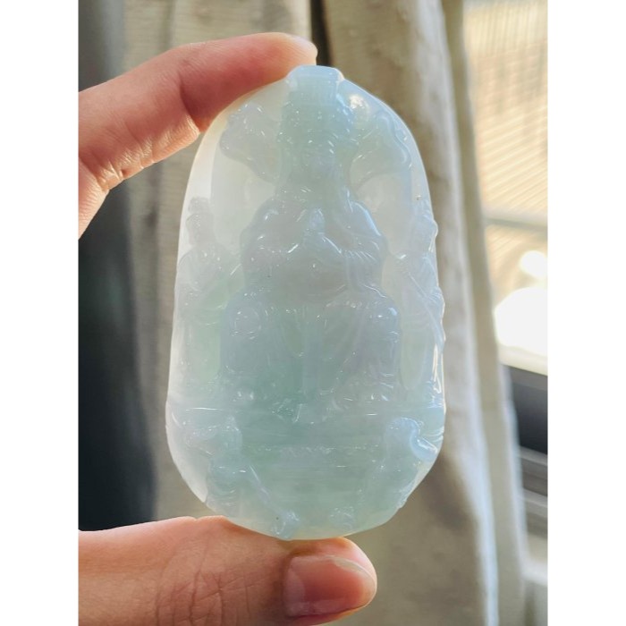 天然A貨緬甸玉 膠潤藍綠精工雕天上聖母/千順媽祖翡翠佛牌 細膩膠潤底庄 厚庄透手影大牌形 法像精開 宮女隨伺 千順護航-細節圖8