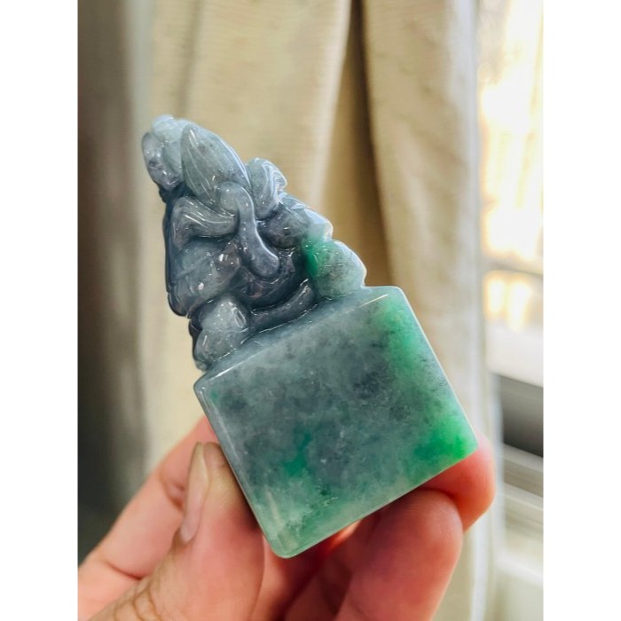 天然A貨緬甸玉 老坑冰烏雞綠手工雕滿載而龜昂首龍龜翡翠印章/方印/公司章 冰膠油瞤 滿滿辣綠 尊貴大器印-細節圖4