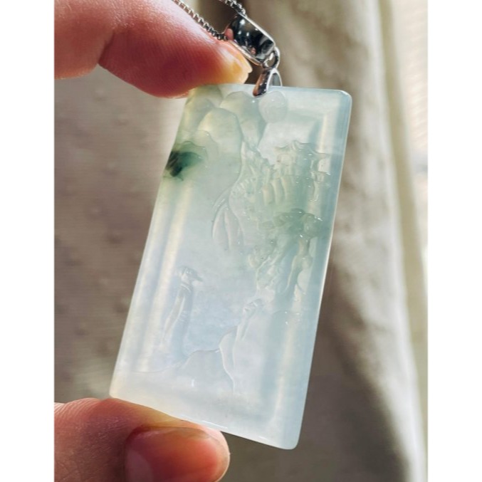 天然A貨緬甸玉 冰玻老坑飄花手工雕吟風弄月翡翠山水牌 剛性起光感 清澈透字老坑冰料 一刀方正牌型 雕工細緻唯美-細節圖4