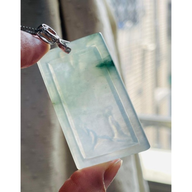 天然A貨緬甸玉 冰玻老坑飄花手工雕吟風弄月翡翠山水牌 剛性起光感 清澈透字老坑冰料 一刀方正牌型 雕工細緻唯美-細節圖7