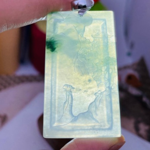 天然A貨緬甸玉 冰玻老坑飄花手工雕吟風弄月翡翠山水牌 剛性起光感 清澈透字老坑冰料 一刀方正牌型 雕工細緻唯美-細節圖9