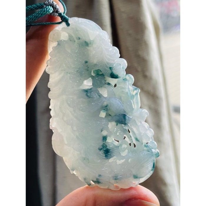 天然A貨緬甸玉 冰飄藍花手工雕鳳穿牡丹翡翠鳳牌 點綴滿滿藍花老冰料 唯美鏤空精工 附台証-細節圖2