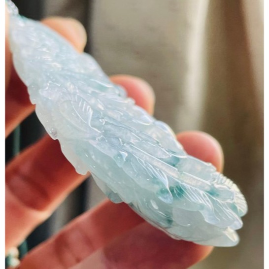 天然A貨緬甸玉 冰飄藍花手工雕鳳穿牡丹翡翠鳳牌 點綴滿滿藍花老冰料 唯美鏤空精工 附台証-細節圖4