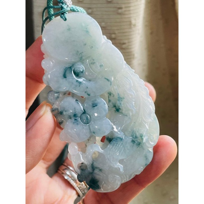 天然A貨緬甸玉 冰飄藍花手工雕鳳穿牡丹翡翠鳳牌 點綴滿滿藍花老冰料 唯美鏤空精工 附台証-細節圖6