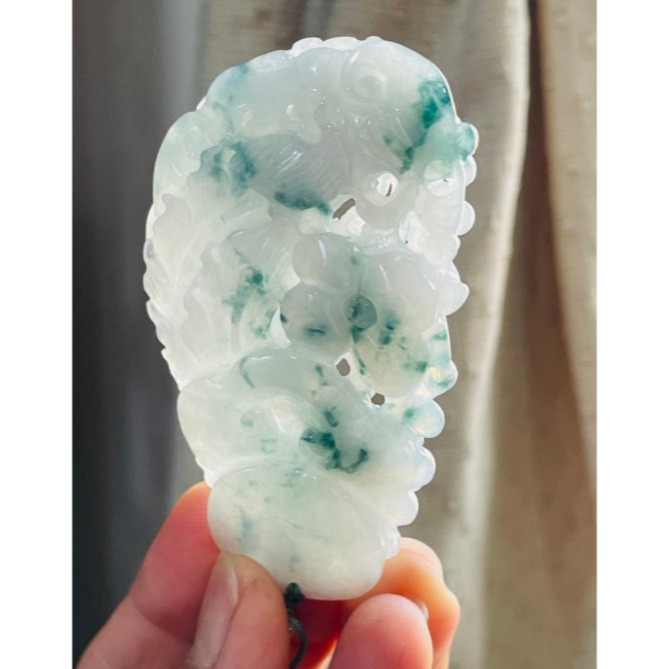 天然A貨緬甸玉 冰飄藍花手工雕鳳穿牡丹翡翠鳳牌 點綴滿滿藍花老冰料 唯美鏤空精工 附台証-細節圖7