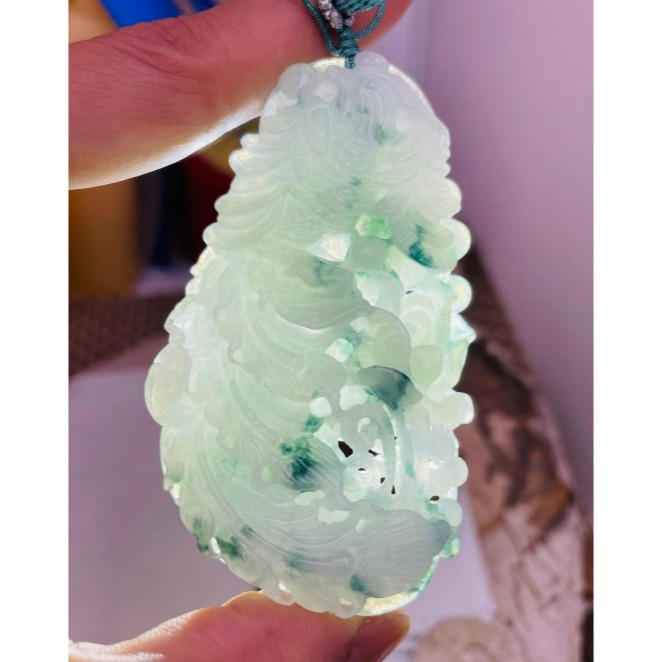 天然A貨緬甸玉 冰飄藍花手工雕鳳穿牡丹翡翠鳳牌 點綴滿滿藍花老冰料 唯美鏤空精工 附台証-細節圖9