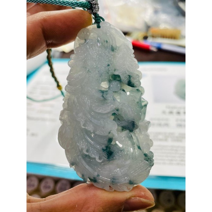 天然A貨緬甸玉 冰飄藍花手工雕鳳穿牡丹翡翠鳳牌 點綴滿滿藍花老冰料 唯美鏤空精工 附台証-細節圖10