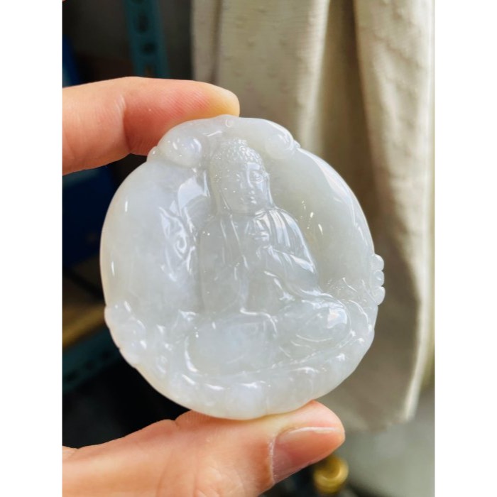 天然A貨緬甸玉 白冰坐蓮大日如來翡翠佛牌 起冰晶透 一刀切透手影 手結智拳印法像清晰莊嚴-細節圖2