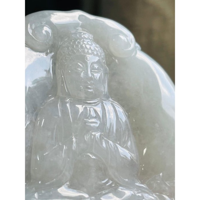 天然A貨緬甸玉 白冰坐蓮大日如來翡翠佛牌 起冰晶透 一刀切透手影 手結智拳印法像清晰莊嚴-細節圖3