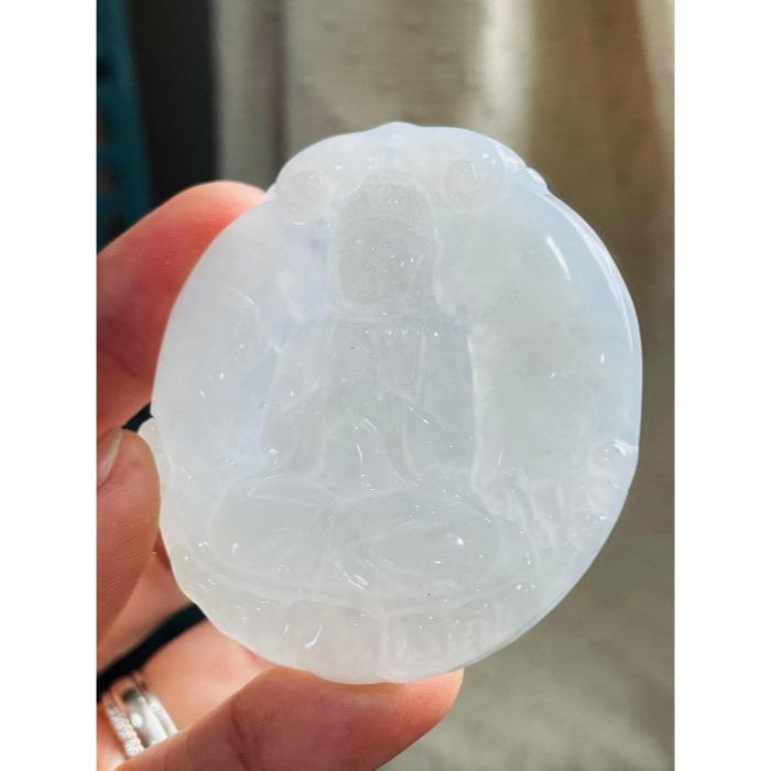 天然A貨緬甸玉 白冰坐蓮大日如來翡翠佛牌 起冰晶透 一刀切透手影 手結智拳印法像清晰莊嚴-細節圖4