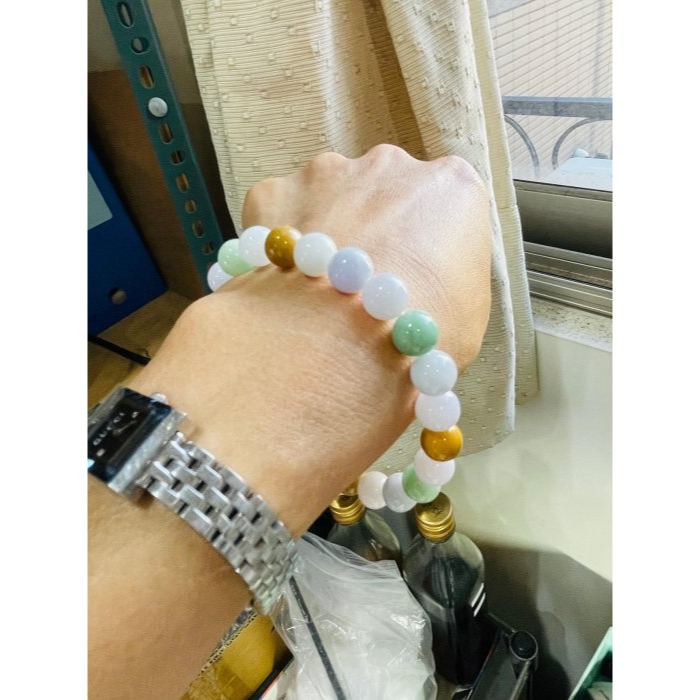 天然A貨緬甸玉 膠潤多寶9mm圓珠翡翠手鍊/手串18cm手圍 紫綠黃白顆顆細肉 完美度90%-細節圖8