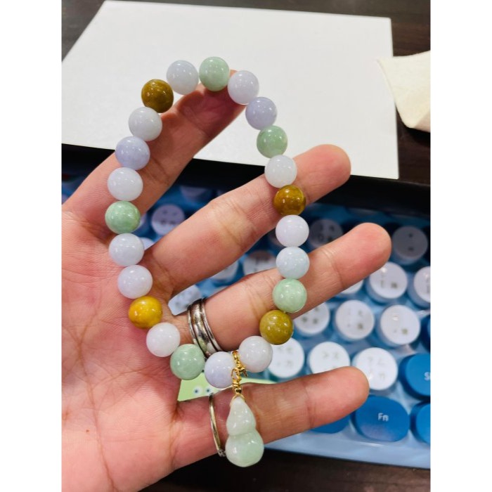 天然A貨緬甸玉 膠潤多寶9mm圓珠翡翠手鍊/手串18cm手圍 紫綠黃白顆顆細肉 完美度90%-細節圖9