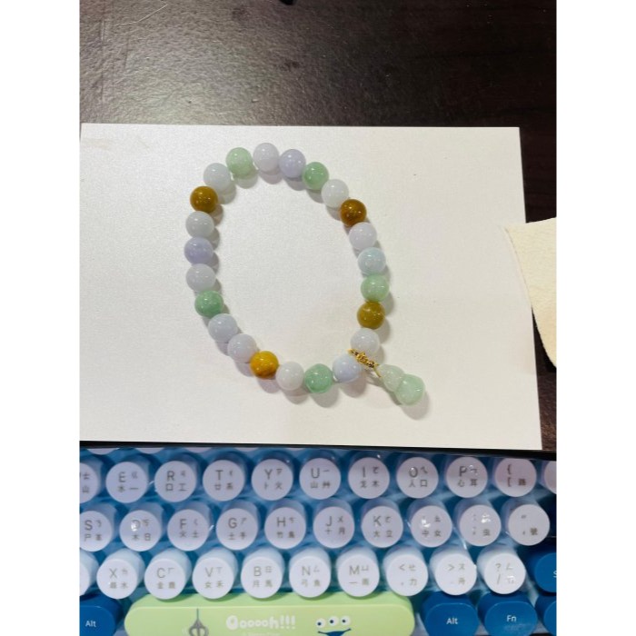 天然A貨緬甸玉 膠潤多寶9mm圓珠翡翠手鍊/手串18cm手圍 紫綠黃白顆顆細肉 完美度90%-細節圖10