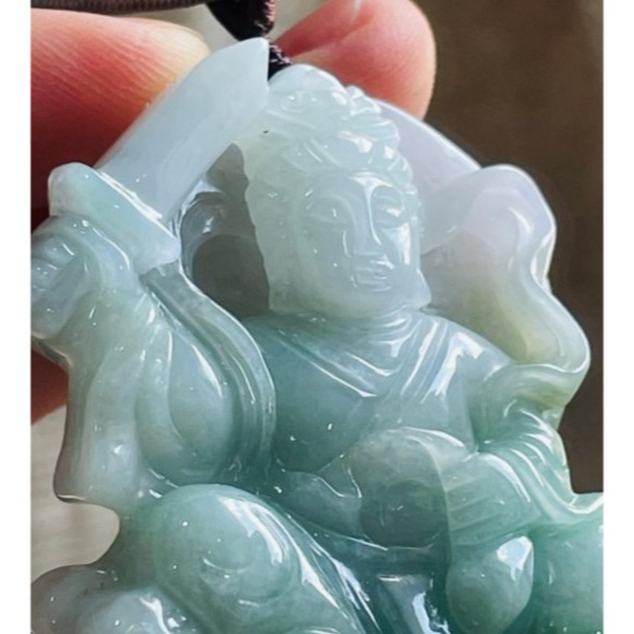 天然A貨緬甸玉 膠潤藍綠雙彩臨水夫人陳靖姑翡翠玉牌 芙蓉膠底妝 過底綠近滿色 厚庄一刀切牌形-細節圖2