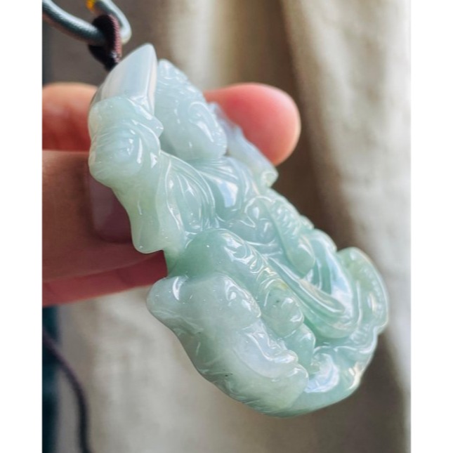 天然A貨緬甸玉 膠潤藍綠雙彩臨水夫人陳靖姑翡翠玉牌 芙蓉膠底妝 過底綠近滿色 厚庄一刀切牌形-細節圖4
