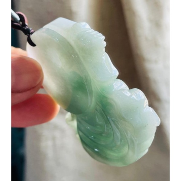 天然A貨緬甸玉 膠潤藍綠雙彩臨水夫人陳靖姑翡翠玉牌 芙蓉膠底妝 過底綠近滿色 厚庄一刀切牌形-細節圖5