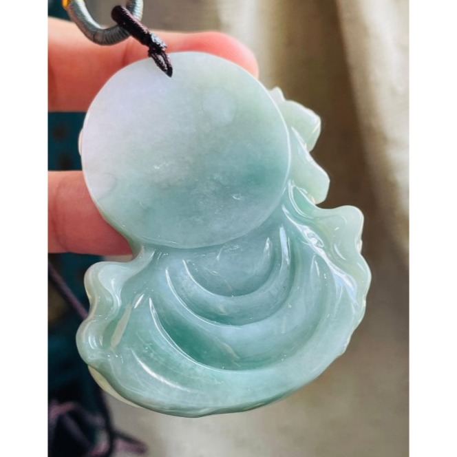 天然A貨緬甸玉 膠潤藍綠雙彩臨水夫人陳靖姑翡翠玉牌 芙蓉膠底妝 過底綠近滿色 厚庄一刀切牌形-細節圖6