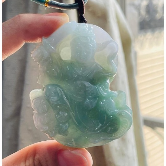 天然A貨緬甸玉 膠潤藍綠雙彩臨水夫人陳靖姑翡翠玉牌 芙蓉膠底妝 過底綠近滿色 厚庄一刀切牌形-細節圖8