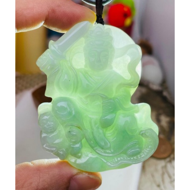 天然A貨緬甸玉 膠潤藍綠雙彩臨水夫人陳靖姑翡翠玉牌 芙蓉膠底妝 過底綠近滿色 厚庄一刀切牌形-細節圖9