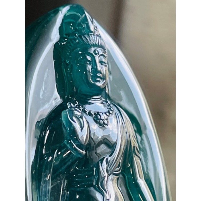 天然A貨翡翠 高冰危綠精雕文殊菩薩翡翠佛牌 老藍水透綠冰種瓜料 精開慈悲莊嚴法像-細節圖2