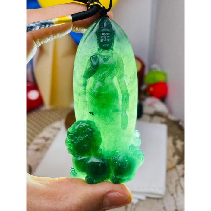 天然A貨翡翠 高冰危綠精雕文殊菩薩翡翠佛牌 老藍水透綠冰種瓜料 精開慈悲莊嚴法像-細節圖9