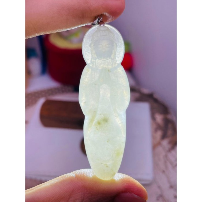 結緣圈粉價~天然A貨緬甸玉 冰膠雪梨黃合掌觀音翡翠佛牌 冰芙蓉底庄好水頭 底妝帶沁點 完美無紋-細節圖7