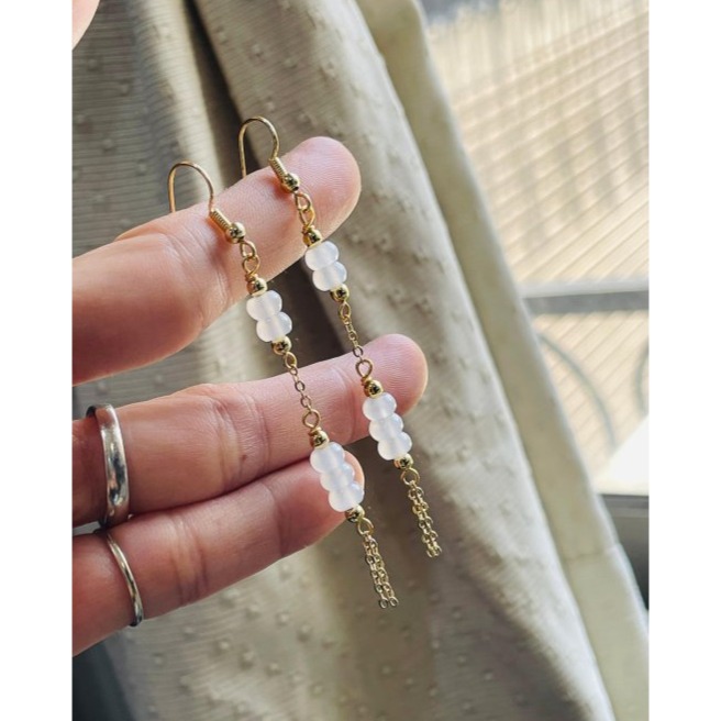 天然A貨緬甸玉 冰玻純色算盤珠流蘇翡翠耳鉤/耳環 晶瑩透繩玻璃種白冰 古典美人款-細節圖3